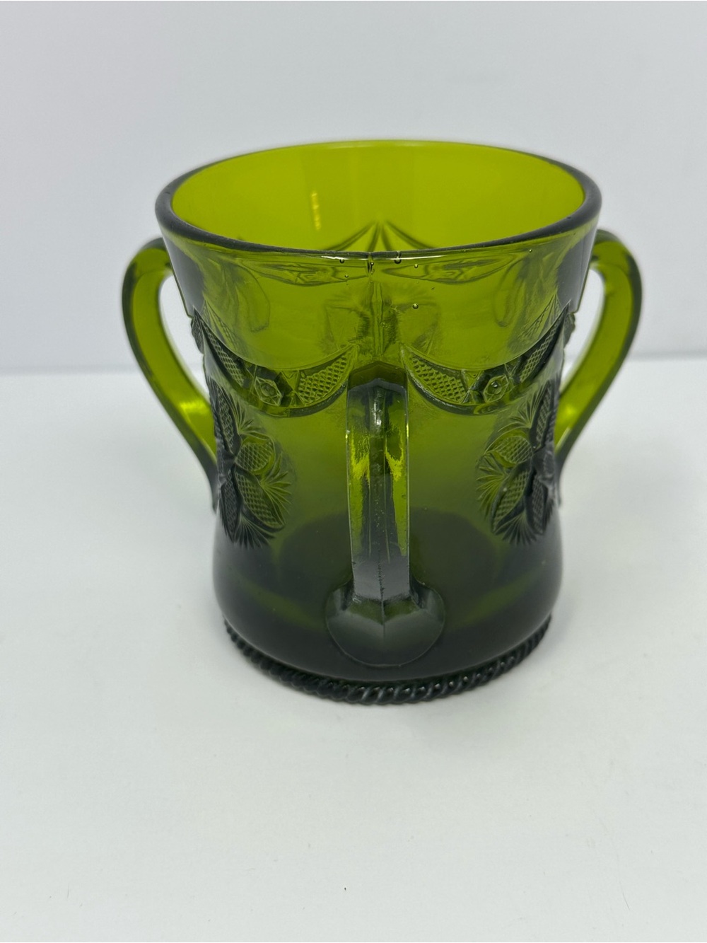 Rare!! Vintage Green Indiana Glass 3 Handle Sugar Mug A2